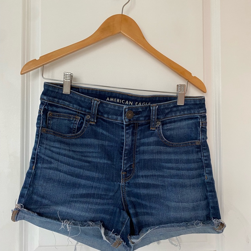 American eagle denim jean shorts stretch size 10 waist 16 in length 11 1/2
